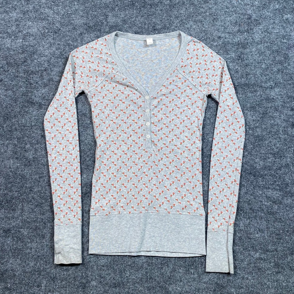 Old Navy Intimates Womens XS Gray Floral Pointelle Henley Long Sleeve Top HOL07